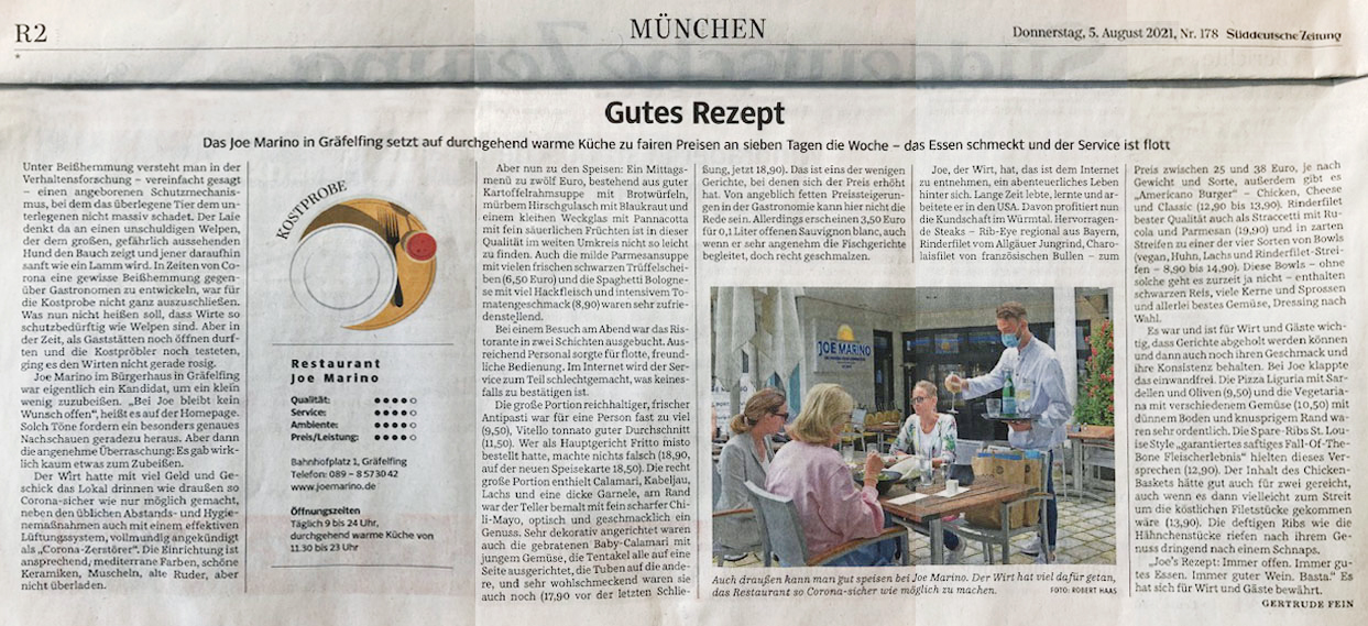Artikel  "Gutes Rezept" über die Kostprobe bei JOE MARINO in der Süddeutschen Zeitung